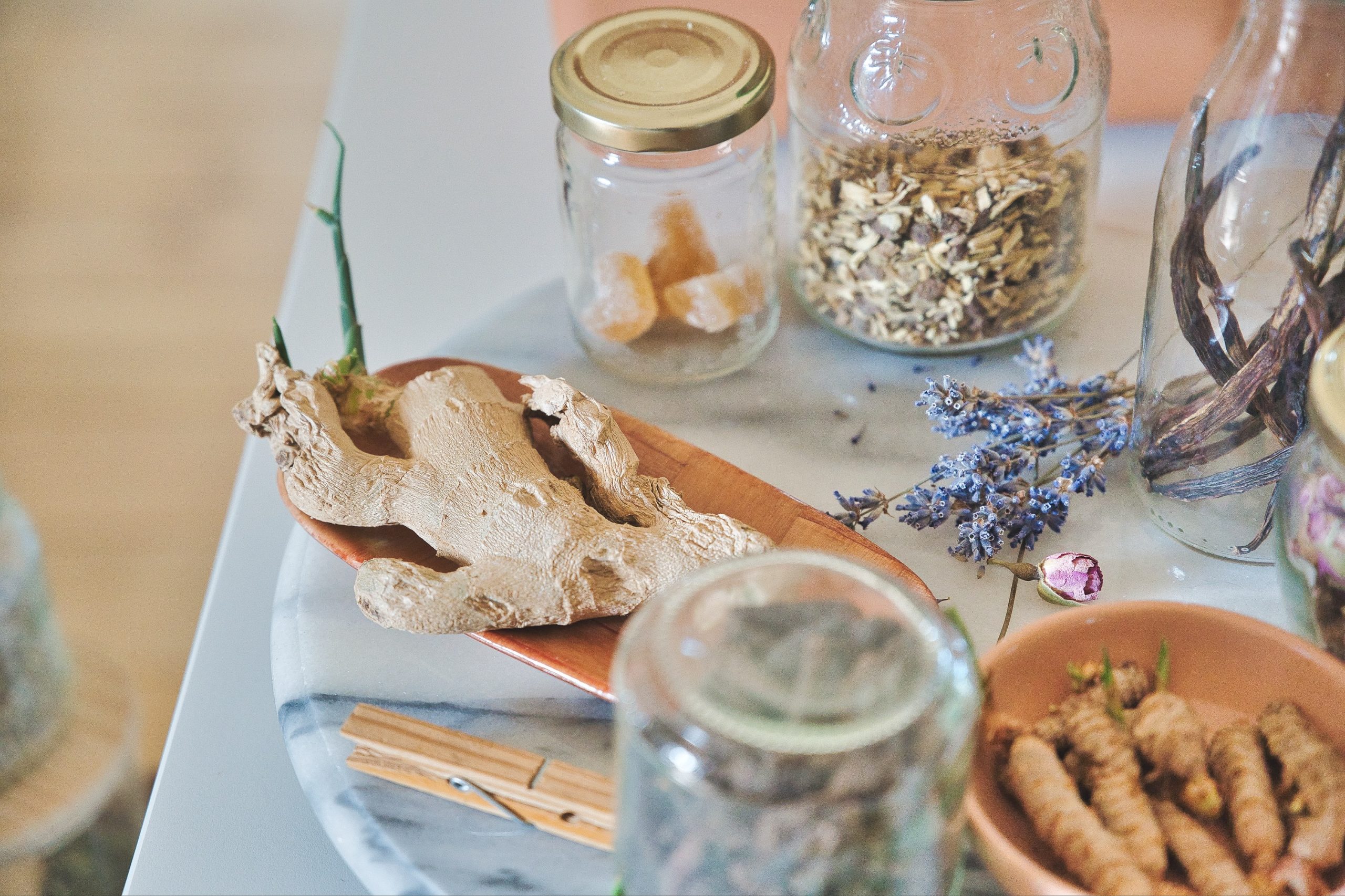 various herbs on table